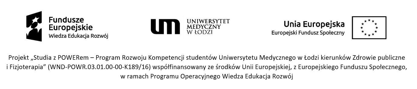 Logotypy projektu - Studia z POWERem – Program Rozwoju Kompetencji studentów Uniwersytetu Medycznego w Łodzi kierunków Zdrowie publiczne i Fizjoterapia.