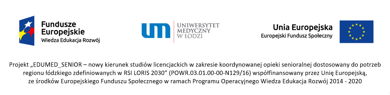 Logotypy projektu - EDUMED_SENIOR – nowy kierunek studiów licencjackich w zakresie koordynowanej opieki senioralnej dostoswany do potrzeb regionu łódzkiego zdefiniowanych w RSI LORIS 2030