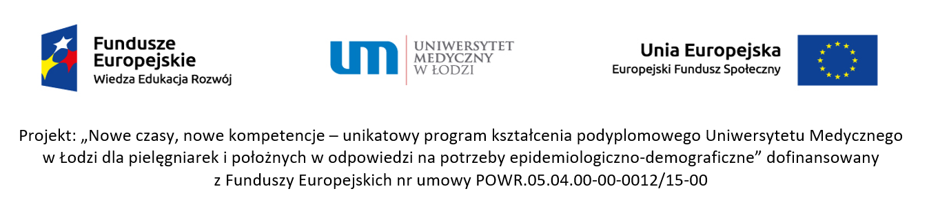 Logotypy projektu - Nowe czasy, nowe kompetencje – unikatowy program kształcenia podyplomowego Uniwersytetu Medycznego w Łodzi dla pielęgniarek i położnych w odpowiedzi na potrzebyepidemiologiczno-demograficzne