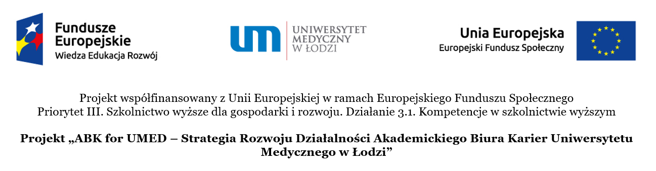 Logotypy projektu - ABK for UMED – Strategia Rozwoju Działalności Akademickiego Biura Karier Uniwersytetu Medycznego w Łodzi
