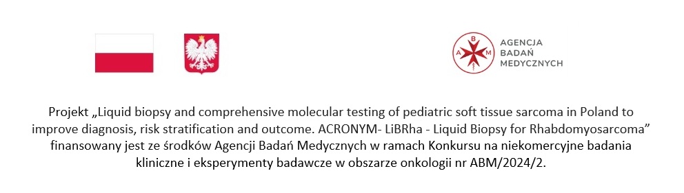 Logotypy projektu - Liquid biopsy and comprehensive molecular testing of pediatric soft tissue sarcoma in Poland to improve diagnosis, risk stratification and outcome. ACRONYM- LiBRha – Liquid Biopsy for Rhabdomyosarcoma